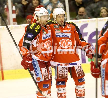 EBEL. Eishockey Bundesliga. KAC gegen HDD TELEMACH Olimpija Ljubljana.  Torjubel Thomas Koch, Jamie Lundmark (KAC). Klagenfurt, am 17.1.2014.
Foto: Kuess 

---
pressefotos, pressefotografie, kuess, qs, qspictures, sport, bild, bilder, bilddatenbank