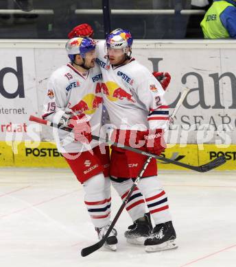 EBEL. Eishockey Bundesliga. EC VSV gegen EC Red Bull Salzburg. Torjubel Manuel Latusa, Brian Fahey,  (Salzburg). Villach, am 19.1.2014.
Foto: Kuess 


---
pressefotos, pressefotografie, kuess, qs, qspictures, sport, bild, bilder, bilddatenbank