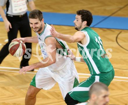 Basketball 2. Bundesliga. KOS Klagenfurt/Celovec gegen BK Mattersburg Rocks. Milovan Radmanovic, (KOS),  Paul Eder (Mattersburg). Klagenfurt, am 18.1.2014.
Foto: Kuess
---
pressefotos, pressefotografie, kuess, qs, qspictures, sport, bild, bilder, bilddatenbank