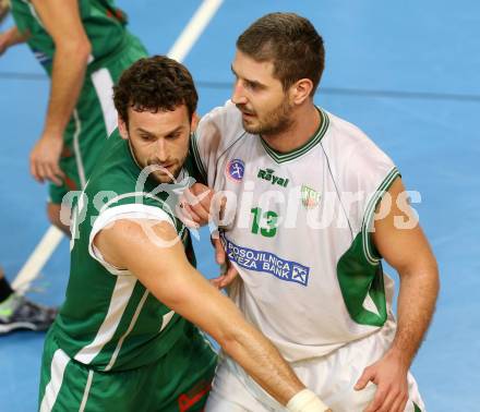 Basketball 2. Bundesliga. KOS Klagenfurt/Celovec gegen BK Mattersburg Rocks. Milovan Radmanovic, (KOS), Paul Eder  (Mattersburg). Klagenfurt, am 18.1.2014.
Foto: Kuess
---
pressefotos, pressefotografie, kuess, qs, qspictures, sport, bild, bilder, bilddatenbank