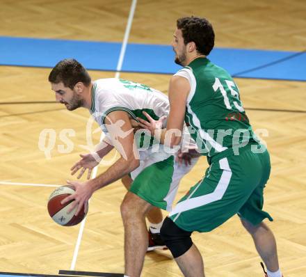 Basketball 2. Bundesliga. KOS Klagenfurt/Celovec gegen BK Mattersburg Rocks. Milovan Radmanovic,  (KOS), Paul Eder (Mattersburg). Klagenfurt, am 18.1.2014.
Foto: Kuess
---
pressefotos, pressefotografie, kuess, qs, qspictures, sport, bild, bilder, bilddatenbank