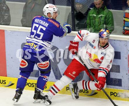 EBEL. Eishockey Bundesliga. EC VSV gegen EC Red Bull Salzburg. Scott Hotham, (VSV), Thomas Raffl  (Salzburg). Villach, am 19.1.2014.
Foto: Kuess 


---
pressefotos, pressefotografie, kuess, qs, qspictures, sport, bild, bilder, bilddatenbank