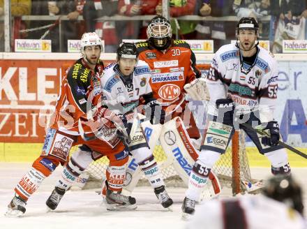 EBEL. Eishockey Bundesliga. KAC gegen SAPA Fehervar AV19. Rene Swette, Martin Schumnig, (KAC), Adam Naglich, Andrew Sarauer  (Alba Volan). Klagenfurt, am 24.1.2014.
Foto: Kuess 

---
pressefotos, pressefotografie, kuess, qs, qspictures, sport, bild, bilder, bilddatenbank