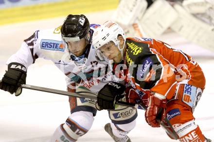 EBEL. Eishockey Bundesliga. KAC gegen SAPA Fehervar AV19.  Thomas Koch,  (KAC), Bryan McGregor (Alba Volan). Klagenfurt, am 24.1.2014.
Foto: Kuess 

---
pressefotos, pressefotografie, kuess, qs, qspictures, sport, bild, bilder, bilddatenbank