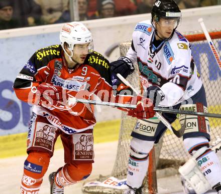 EBEL. Eishockey Bundesliga. KAC gegen SAPA Fehervar AV19. Tyler Spurgeon,  (KAC), Andy Sertich (Alba Volan). Klagenfurt, am 24.1.2014.
Foto: Kuess 

---
pressefotos, pressefotografie, kuess, qs, qspictures, sport, bild, bilder, bilddatenbank