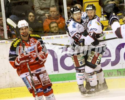 EBEL. Eishockey Bundesliga. KAC gegen SAPA Fehervar AV19.  Torjubel Colton Yellow Horn, Richard Jackman,  (Alba Volan). Klagenfurt, am 24.1.2014.
Foto: Kuess 

---
pressefotos, pressefotografie, kuess, qs, qspictures, sport, bild, bilder, bilddatenbank