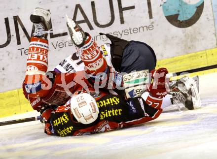 EBEL. Eishockey Bundesliga. KAC gegen SAPA Fehervar AV19. Thomas Poeck,  (KAC), Colton Yellow Horn (Alba Volan). Klagenfurt, am 24.1.2014.
Foto: Kuess 

---
pressefotos, pressefotografie, kuess, qs, qspictures, sport, bild, bilder, bilddatenbank