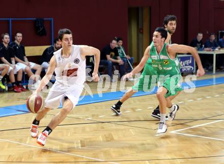 Basketball 2. Bundesliga. Woerthersee Piraten gegen Dornbirn Lions. Martin Breithuber (Piraten), Francisco Javier Sastre Casali (Dornbirn). Klagenfurt, am 25.1.2014.
Foto: Kuess
---
pressefotos, pressefotografie, kuess, qs, qspictures, sport, bild, bilder, bilddatenbank