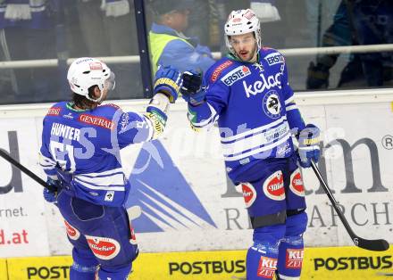 EBEL. Eishockey Bundesliga. EC VSV gegen EHC LIWEST Linz. Torjubel Eric Hunter, Scott Hotham (VSV). Villach, am 26.1.2014.
Foto: Kuess 


---
pressefotos, pressefotografie, kuess, qs, qspictures, sport, bild, bilder, bilddatenbank