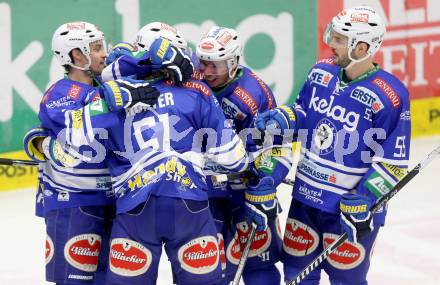 EBEL. Eishockey Bundesliga. EC VSV gegen EHC LIWEST Linz. Torjubel Marco Pewal, Markus Peintner, Klemen Pretnar, Eric Hunter, Scott Hotham (VSV). Villach, am 26.1.2014.
Foto: Kuess 


---
pressefotos, pressefotografie, kuess, qs, qspictures, sport, bild, bilder, bilddatenbank