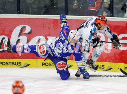 EBEL. Eishockey Bundesliga. EC VSV gegen EHC LIWEST Linz. Daniel Nageler,  (VSV), Patrick Spannring (Linz). Villach, am 26.1.2014.
Foto: Kuess 


---
pressefotos, pressefotografie, kuess, qs, qspictures, sport, bild, bilder, bilddatenbank