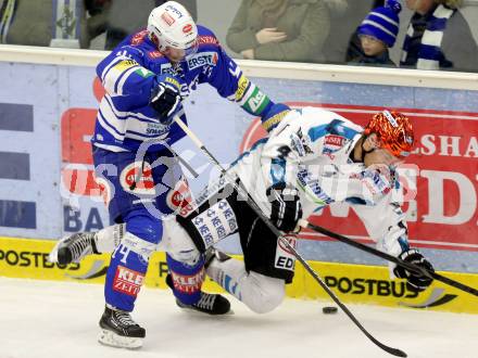 EBEL. Eishockey Bundesliga. EC VSV gegen EHC LIWEST Linz. Curtis Fraser, (VSV), Daniel Mitterdorfer  (Linz). Villach, am 26.1.2014.
Foto: Kuess 


---
pressefotos, pressefotografie, kuess, qs, qspictures, sport, bild, bilder, bilddatenbank