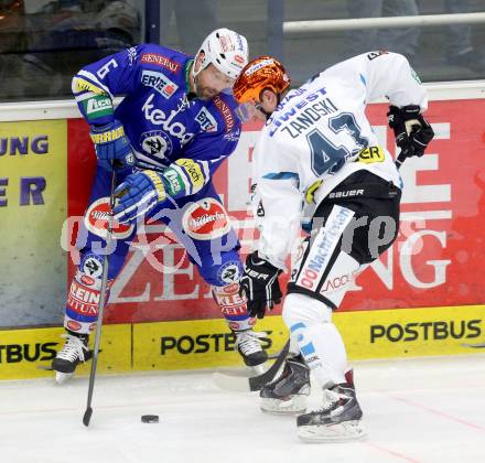 EBEL. Eishockey Bundesliga. EC VSV gegen EHC LIWEST Linz. Gerhard Unterluggauer, (VSV), Tom Zanoski  (Linz). Villach, am 26.1.2014.
Foto: Kuess 


---
pressefotos, pressefotografie, kuess, qs, qspictures, sport, bild, bilder, bilddatenbank