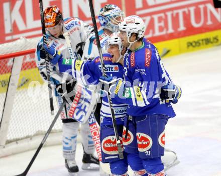 EBEL. Eishockey Bundesliga. EC VSV gegen EHC LIWEST Linz. Torjubel Daniel Nageler, Mario Altmann (VSV). Villach, am 26.1.2014.
Foto: Kuess 


---
pressefotos, pressefotografie, kuess, qs, qspictures, sport, bild, bilder, bilddatenbank