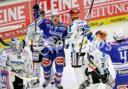 EBEL. Eishockey Bundesliga. EC VSV gegen EHC LIWEST Linz. Torjubel Daniel Nageler (VSV). Villach, am 26.1.2014.
Foto: Kuess 


---
pressefotos, pressefotografie, kuess, qs, qspictures, sport, bild, bilder, bilddatenbank