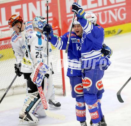 EBEL. Eishockey Bundesliga. EC VSV gegen EHC LIWEST Linz. Torjubel Daniel Nageler, Mario Altmann (VSV). Villach, am 26.1.2014.
Foto: Kuess 


---
pressefotos, pressefotografie, kuess, qs, qspictures, sport, bild, bilder, bilddatenbank