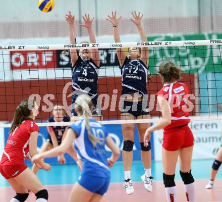 Volleyball Frauen. OEVV Cup. Oesterreichscher Volleyballverband Cup. Sparkasse Wildcats gegen SG SVS Post. Sabrina Mueller, Daniela Fankhauser (Wildcats). Klagenfurt, am 31.1.2015.
Foto: Kuess
---
pressefotos, pressefotografie, kuess, qs, qspictures, sport, bild, bilder, bilddatenbank