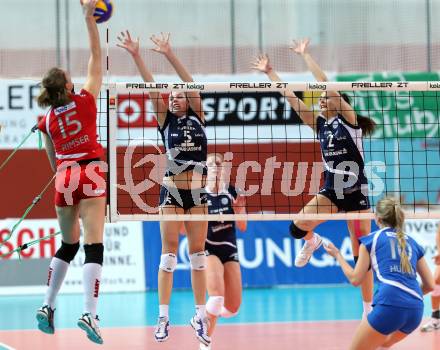 Volleyball Frauen. OEVV Cup. Oesterreichscher Volleyballverband Cup. Sparkasse Wildcats gegen SG SVS Post. Anna Bajde, Lisa Schmerlaib,  (Wildcats), Cornelia Rimser (Post). Klagenfurt, am 31.1.2015.
Foto: Kuess
---
pressefotos, pressefotografie, kuess, qs, qspictures, sport, bild, bilder, bilddatenbank