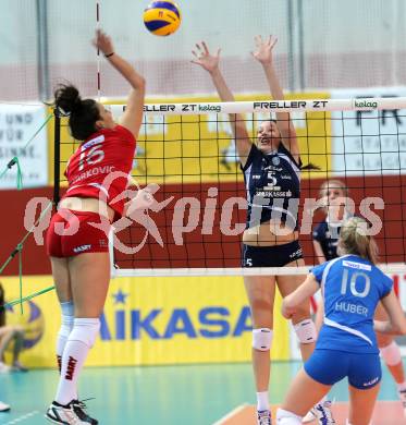 Volleyball Frauen. OEVV Cup. Oesterreichscher Volleyballverband Cup. Sparkasse Wildcats gegen SG SVS Post. Anna Bajde, (Wildcats),  Srna Markovic  (Post). Klagenfurt, am 31.1.2015.
Foto: Kuess
---
pressefotos, pressefotografie, kuess, qs, qspictures, sport, bild, bilder, bilddatenbank