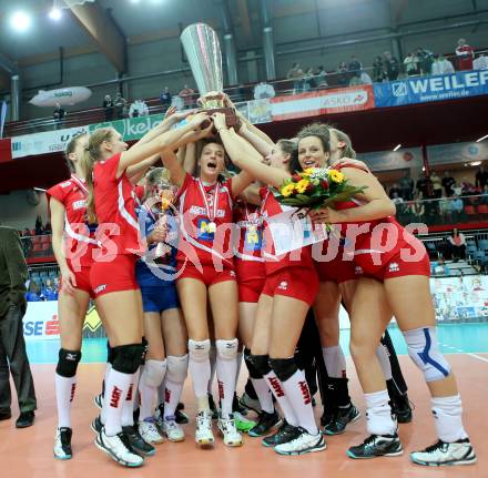 Volleyball Frauen. OEVV Cup. Oesterreichscher Volleyballverband Cup. Sparkasse Wildcats gegen SG SVS Post. Jubel  (Post). Klagenfurt, am 31.1.2015.
Foto: Kuess
---
pressefotos, pressefotografie, kuess, qs, qspictures, sport, bild, bilder, bilddatenbank