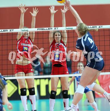 Volleyball Frauen. OEVV Cup. Oesterreichscher Volleyballverband Cup. Sparkasse Wildcats gegen SG SVS Post. Sabrina Mueller,  (Wildcats), Samira Jankowski, Cornelia Rimser (Post). Klagenfurt, am 31.1.2015.
Foto: Kuess
---
pressefotos, pressefotografie, kuess, qs, qspictures, sport, bild, bilder, bilddatenbank