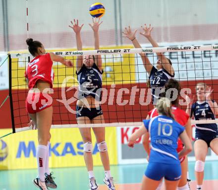 Volleyball Frauen. OEVV Cup. Oesterreichscher Volleyballverband Cup. Sparkasse Wildcats gegen SG SVS Post. Anna Bajde, Daniela Fankhauser,  (Wildcats), Lisa Chukwuma (Post). Klagenfurt, am 31.1.2015.
Foto: Kuess
---
pressefotos, pressefotografie, kuess, qs, qspictures, sport, bild, bilder, bilddatenbank