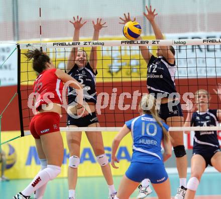 Volleyball Frauen. OEVV Cup. Oesterreichscher Volleyballverband Cup. Sparkasse Wildcats gegen SG SVS Post. Anna Bajde, Daniela Fankhauser, (Wildcats), Srna Markovic  (Post). Klagenfurt, am 31.1.2015.
Foto: Kuess
---
pressefotos, pressefotografie, kuess, qs, qspictures, sport, bild, bilder, bilddatenbank