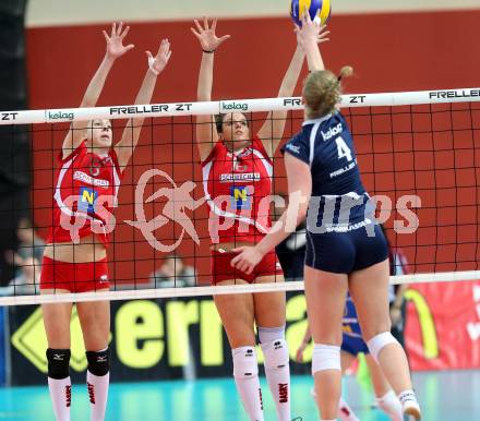 Volleyball Frauen. OEVV Cup. Oesterreichscher Volleyballverband Cup. Sparkasse Wildcats gegen SG SVS Post. Sabrina Mueller, (Wildcats), Anita Oppenauer, Srna Markovic  (Post). Klagenfurt, am 31.1.2015.
Foto: Kuess
---
pressefotos, pressefotografie, kuess, qs, qspictures, sport, bild, bilder, bilddatenbank