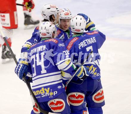 EBEL. Eishockey Bundesliga. EC VSV gegen HCB Suedtirol Bozen. Torjubel Eric Hunter, Klemen Pretnar, Markus Peintner, Marco Pewal (VSV). Villach, am 1.2.2014.
Foto: Kuess 


---
pressefotos, pressefotografie, kuess, qs, qspictures, sport, bild, bilder, bilddatenbank