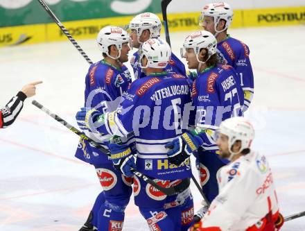 EBEL. Eishockey Bundesliga. EC VSV gegen HCB Suedtirol Bozen. Torjubel Gerhard Unterluggauer, Cole Jarrett, John Hughes, Derek Ryan, Curtis Fraser (VSV). Villach, am 1.2.2014.
Foto: Kuess 


---
pressefotos, pressefotografie, kuess, qs, qspictures, sport, bild, bilder, bilddatenbank