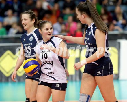 Volleyball Frauen. OEVV Cup. Oesterreichscher Volleyballverband Cup. Sparkasse Wildcats gegen SG SVS Post.  Martina Guggi, Nicole Freller, Iva Gutic (Wildcats). Klagenfurt, am 31.1.2015.
Foto: Kuess
---
pressefotos, pressefotografie, kuess, qs, qspictures, sport, bild, bilder, bilddatenbank