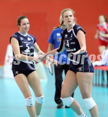 Volleyball Frauen. OEVV Cup. Oesterreichscher Volleyballverband Cup. Sparkasse Wildcats gegen SG SVS Post.  Anna Bajde, Sabrina Mueller (Wildcats). Klagenfurt, am 31.1.2015.
Foto: Kuess
---
pressefotos, pressefotografie, kuess, qs, qspictures, sport, bild, bilder, bilddatenbank