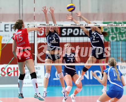 Volleyball Frauen. OEVV Cup. Oesterreichscher Volleyballverband Cup. Sparkasse Wildcats gegen SG SVS Post. Anna Bajde, Lisa Schmerlaib, (Wildcats), Cornelia Rimser  (Post). Klagenfurt, am 31.1.2015.
Foto: Kuess
---
pressefotos, pressefotografie, kuess, qs, qspictures, sport, bild, bilder, bilddatenbank