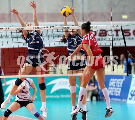 Volleyball Frauen. OEVV Cup. Oesterreichscher Volleyballverband Cup. Sparkasse Wildcats gegen SG SVS Post. Lisa Schmerlaib, Katharina Holzer, (Wildcats), Lisa Chukwuma  (Post). Klagenfurt, am 31.1.2015.
Foto: Kuess
---
pressefotos, pressefotografie, kuess, qs, qspictures, sport, bild, bilder, bilddatenbank