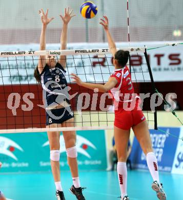 Volleyball Frauen. OEVV Cup. Oesterreichscher Volleyballverband Cup. Sparkasse Wildcats gegen SG SVS Post. Katharina Holzer, (Wildcats),  Lisa Chukwuma  (Post). Klagenfurt, am 31.1.2015.
Foto: Kuess
---
pressefotos, pressefotografie, kuess, qs, qspictures, sport, bild, bilder, bilddatenbank