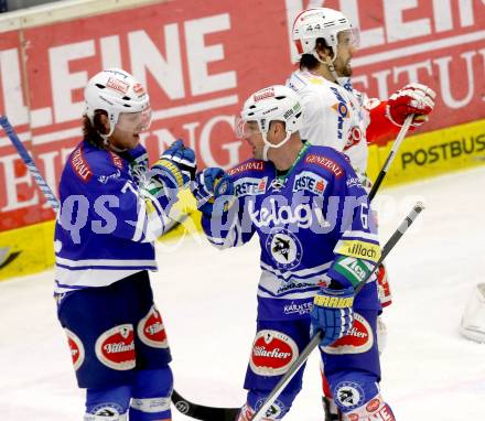 EBEL. Eishockey Bundesliga. EC VSV gegen HCB Suedtirol Bozen. Torjubel Gerhard Unterluggauer, John Hughes (VSV). Villach, am 1.2.2014.
Foto: Kuess 


---
pressefotos, pressefotografie, kuess, qs, qspictures, sport, bild, bilder, bilddatenbank