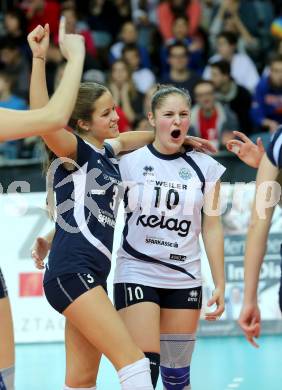 Volleyball Frauen. OEVV Cup. Oesterreichscher Volleyballverband Cup. Sparkasse Wildcats gegen SG SVS Post. Jubel Saria Gschoepf, Nicole Freller (Wildcats). Klagenfurt, am 31.1.2015.
Foto: Kuess
---
pressefotos, pressefotografie, kuess, qs, qspictures, sport, bild, bilder, bilddatenbank