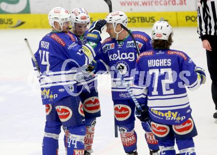 EBEL. Eishockey Bundesliga. EC VSV gegen HCB Suedtirol Bozen. Torjubel Curtis Fraser, Derek Ryan, Gerhard Unterluggauer, John Hughes (VSV). Villach, am 1.2.2014.
Foto: Kuess 


---
pressefotos, pressefotografie, kuess, qs, qspictures, sport, bild, bilder, bilddatenbank