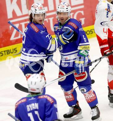 EBEL. Eishockey Bundesliga. EC VSV gegen HCB Suedtirol Bozen. Torjubel Gerhard Unterluggauer, John Hughes (VSV). Villach, am 1.2.2014.
Foto: Kuess 


---
pressefotos, pressefotografie, kuess, qs, qspictures, sport, bild, bilder, bilddatenbank