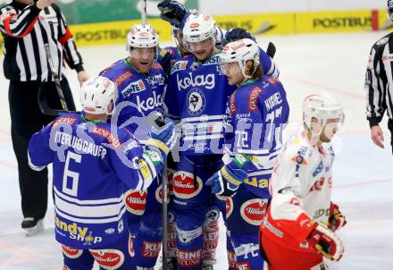 EBEL. Eishockey Bundesliga. EC VSV gegen HCB Suedtirol Bozen. Torjubel Gerhard Unterluggauer, Cole Jarrett, John Hughes, Derek Ryan, Curtis Fraser (VSV). Villach, am 1.2.2014.
Foto: Kuess 


---
pressefotos, pressefotografie, kuess, qs, qspictures, sport, bild, bilder, bilddatenbank