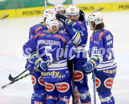 EBEL. Eishockey Bundesliga. EC VSV gegen HCB Suedtirol Bozen. Torjubel Gerhard Unterluggauer, Cole Jarrett, John Hughes, Derek Ryan, Curtis Fraser (VSV). Villach, am 1.2.2014.
Foto: Kuess 


---
pressefotos, pressefotografie, kuess, qs, qspictures, sport, bild, bilder, bilddatenbank