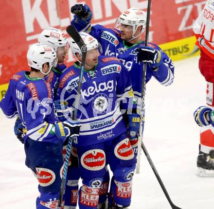 EBEL. Eishockey Bundesliga. EC VSV gegen HCB Suedtirol Bozen. Torjubel Gerhard Unterluggauer, John Hughes, Derek Ryan, Curtis Fraser (VSV). Villach, am 1.2.2014.
Foto: Kuess 


---
pressefotos, pressefotografie, kuess, qs, qspictures, sport, bild, bilder, bilddatenbank