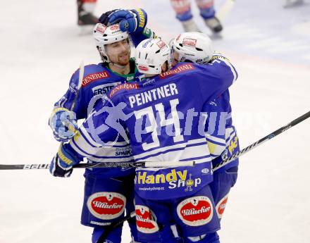 EBEL. Eishockey Bundesliga. EC VSV gegen HCB Suedtirol Bozen. Torjubel Eric Hunter, Klemen Pretnar, Markus Peintner (VSV). Villach, am 1.2.2014.
Foto: Kuess 


---
pressefotos, pressefotografie, kuess, qs, qspictures, sport, bild, bilder, bilddatenbank