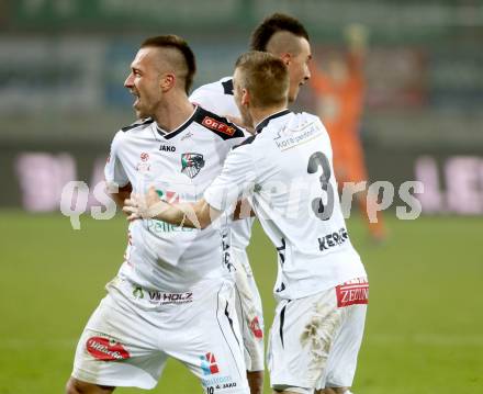 Fussball Bundesliga. RZ Pellets WAC gegen FC Wacker Innsbruck. Torjubel Sandro Gotal, Peter Zulj, Manuel Kerhe (WAC). Klagenfurt, 8.2.2014.
Foto: Kuess

---
pressefotos, pressefotografie, kuess, qs, qspictures, sport, bild, bilder, bilddatenbank