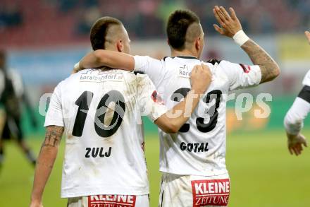 Fussball Bundesliga. RZ Pellets WAC gegen FC Wacker Innsbruck. Jubel Peter Zulj, Sandro Gotal (WAC). Klagenfurt, 8.2.2014.
Foto: Kuess

---
pressefotos, pressefotografie, kuess, qs, qspictures, sport, bild, bilder, bilddatenbank