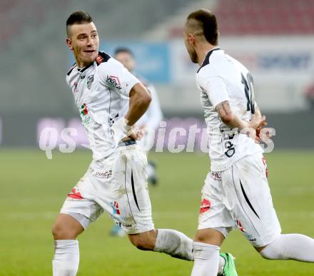 Fussball Bundesliga. RZ Pellets WAC gegen FC Wacker Innsbruck. Torjubel Sandro Gotal, Peter Zulj (WAC). Klagenfurt, 8.2.2014.
Foto: Kuess

---
pressefotos, pressefotografie, kuess, qs, qspictures, sport, bild, bilder, bilddatenbank