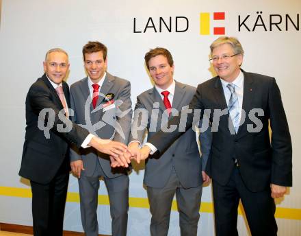 Verabschiedung Kaerntner Teilnehmer an den Paralympics in Sotschi. Juergen Pfeiler, Markus Salcher, Thomas Grochar, Peter Kaiser. Klagenfurt, 10.2.2014.
Foto: Kuess
---
pressefotos, pressefotografie, kuess, qs, qspictures, sport, bild, bilder, bilddatenbank