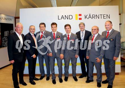 Verabschiedung Kaerntner Teilnehmer an den Paralympics in Sotschi. Reinhard Tellian, Juergen Pfleiler, Markus Salcher, Thomas Grochar, Peter Kaiser. Klagenfurt, 10.2.2014.
Foto: Kuess
---
pressefotos, pressefotografie, kuess, qs, qspictures, sport, bild, bilder, bilddatenbank