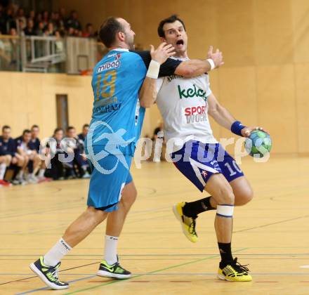 Handball HLA. SC Ferlach gegen HC Linz AG. Miro Barisic, (Ferlach), Uwe Schneider  (Linz). Ferlach, 15.2.2014.
Foto: Kuess
---
pressefotos, pressefotografie, kuess, qs, qspictures, sport, bild, bilder, bilddatenbank