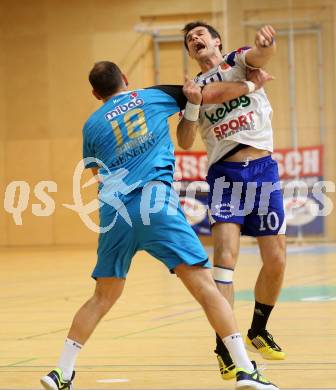 Handball HLA. SC Ferlach gegen HC Linz AG. Miro Barisic, (Ferlach), Uwe Schneider  (Linz).. Ferlach, 15.2.2014.
Foto: Kuess
---
pressefotos, pressefotografie, kuess, qs, qspictures, sport, bild, bilder, bilddatenbank